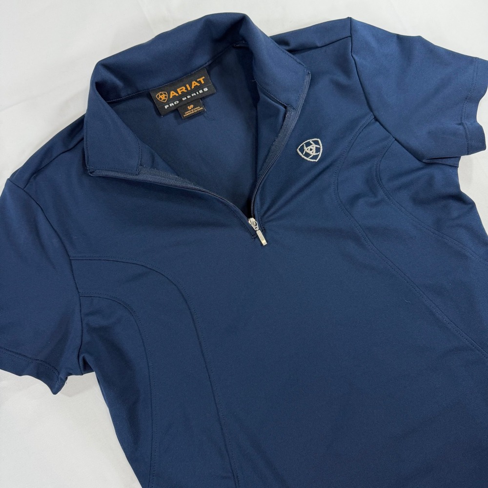 Ariat Pro Series Navy Blue 1/4 Zip Short Sleeve Equestrian Polo Shirt Womens S